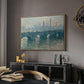 Waterloo Bridge, Gray Weather, 1900 by Claude Monet in a natural wood floater framed canvas featuring a soft-toned river scene with bridge and muted skyline, displayed above a desk in a dark home office interior.