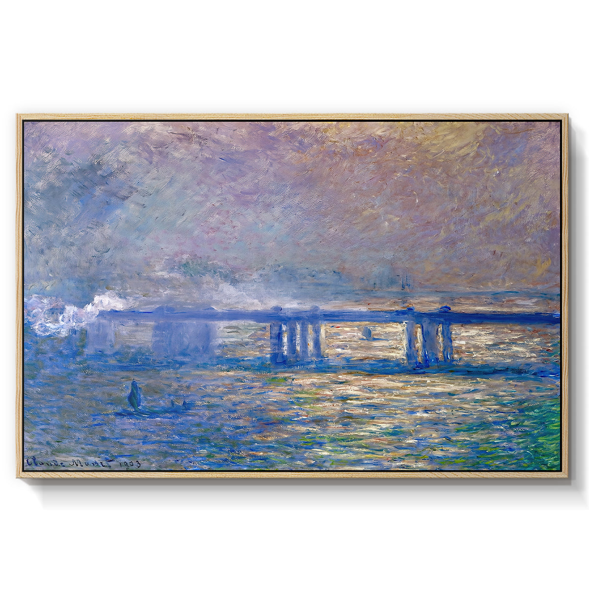 Charing Cross Bridge, 1903 by Claude Monet in a natural wood floater framed canvas wall art display.
