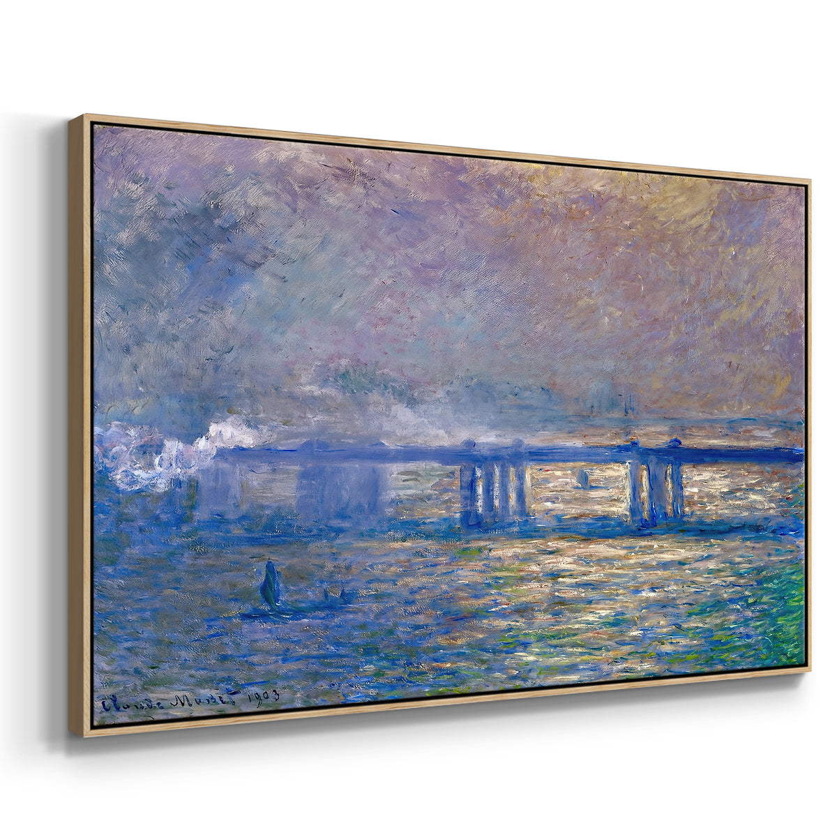Angled view of Charing Cross Bridge, 1903 by Claude Monet in a natural wood floater framed canvas.