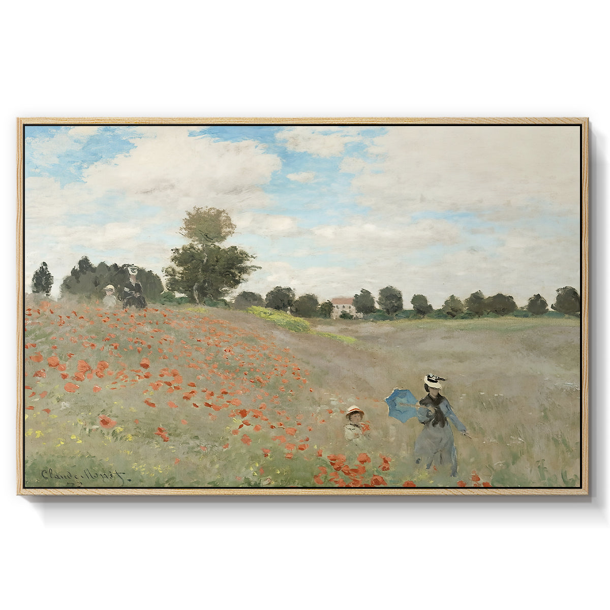 The Poppy Field near Argenteuil, 1873 by Claude Monet in a natural wood floater framed canvas wall art display.