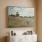 Natural wood floater framed canvas of The Poppy Field near Argenteuil, 1873 by Claude Monet, featuring an impressionist countryside scene with flowers and strolling figures above a console cabinet in a minimalist entryway.