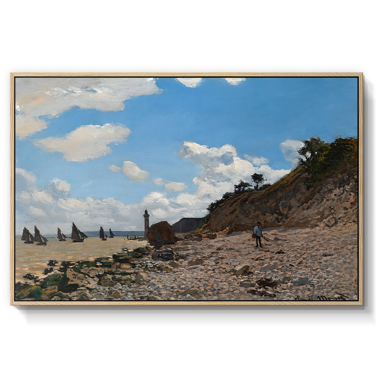 The Beach at Honfleur, 1864 by Claude Monet in a natural wood floater framed canvas wall art display.