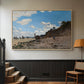 Natural wood floater framed canvas featuring a coastal landscape with boats and people along shore, displayed in a hallway near a staircase.