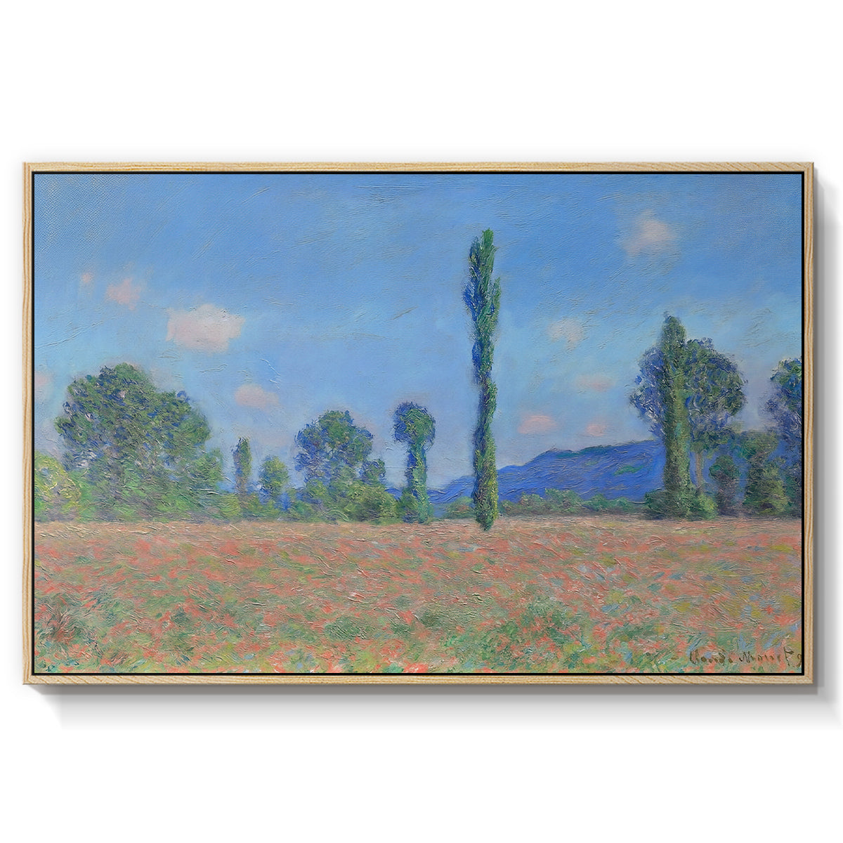 Poppy Field (Giverny), 1890-1891 by Claude Monet in a natural wood floater framed canvas wall art display.