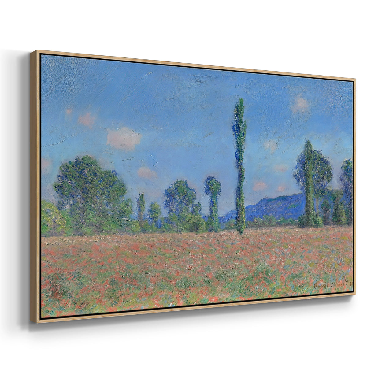 Angled view of Poppy Field (Giverny), 1890-1891 by Claude Monet in a natural wood floater framed canvas.