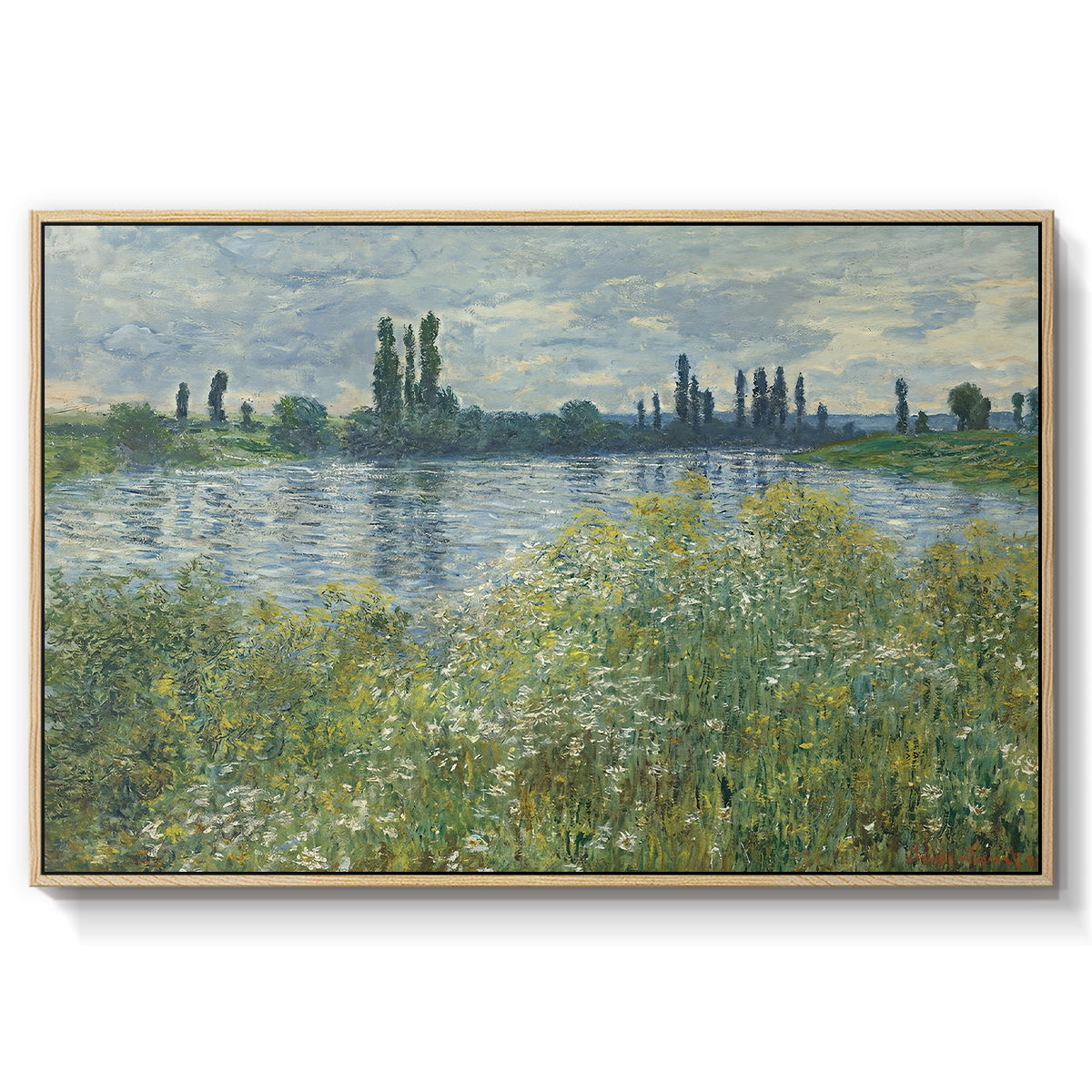 Banks of the Seine, Vétheuil, 1880 by Claude Monet in a natural wood floater framed canvas wall art display.