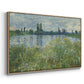 Angled view of Banks of the Seine, Vétheuil, 1880 by Claude Monet in a natural wood floater framed canvas.