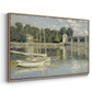 Angled view of The Bridge at Argenteuil, 1874 by Claude Monet in a natural wood floater framed canvas.