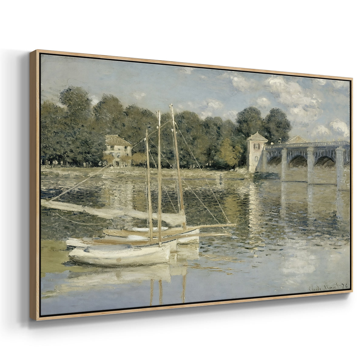 Angled view of The Bridge at Argenteuil, 1874 by Claude Monet in a natural wood floater framed canvas.