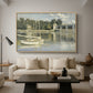 The Bridge at Argenteuil, 1874 by Claude Monet as a natural wood floater framed canvas featuring a bridge spanning river with sailboats and reflections in water, displayed above a sofa in a modern living room.