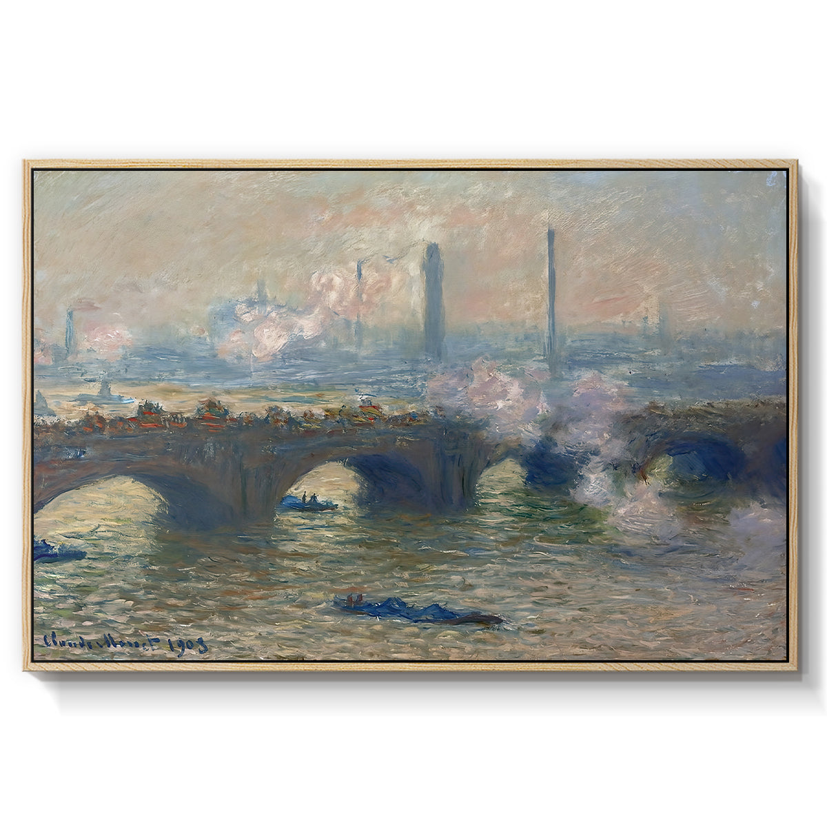 Waterloo Bridge, Gray Day, 1903 by Claude Monet in a natural wood floater framed canvas wall art display.