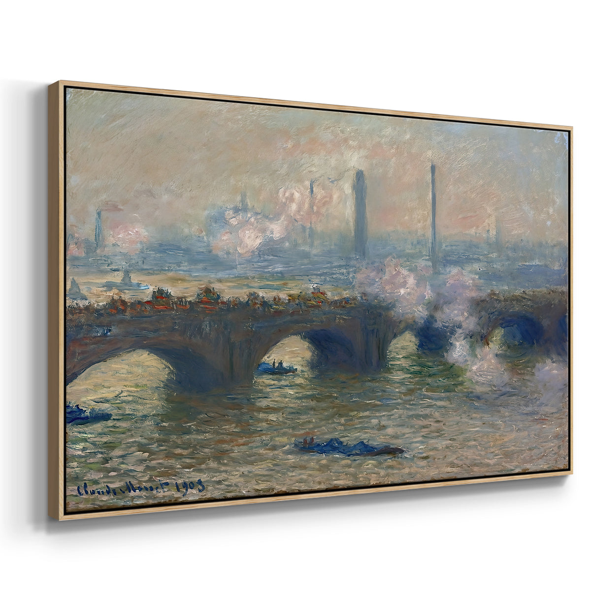 Angled view of Waterloo Bridge, Gray Day, 1903 by Claude Monet in a natural wood floater framed canvas.