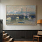 Natural wood floater framed canvas featuring a foggy London bridge view with softened architectural forms, displayed in a hallway near a staircase.