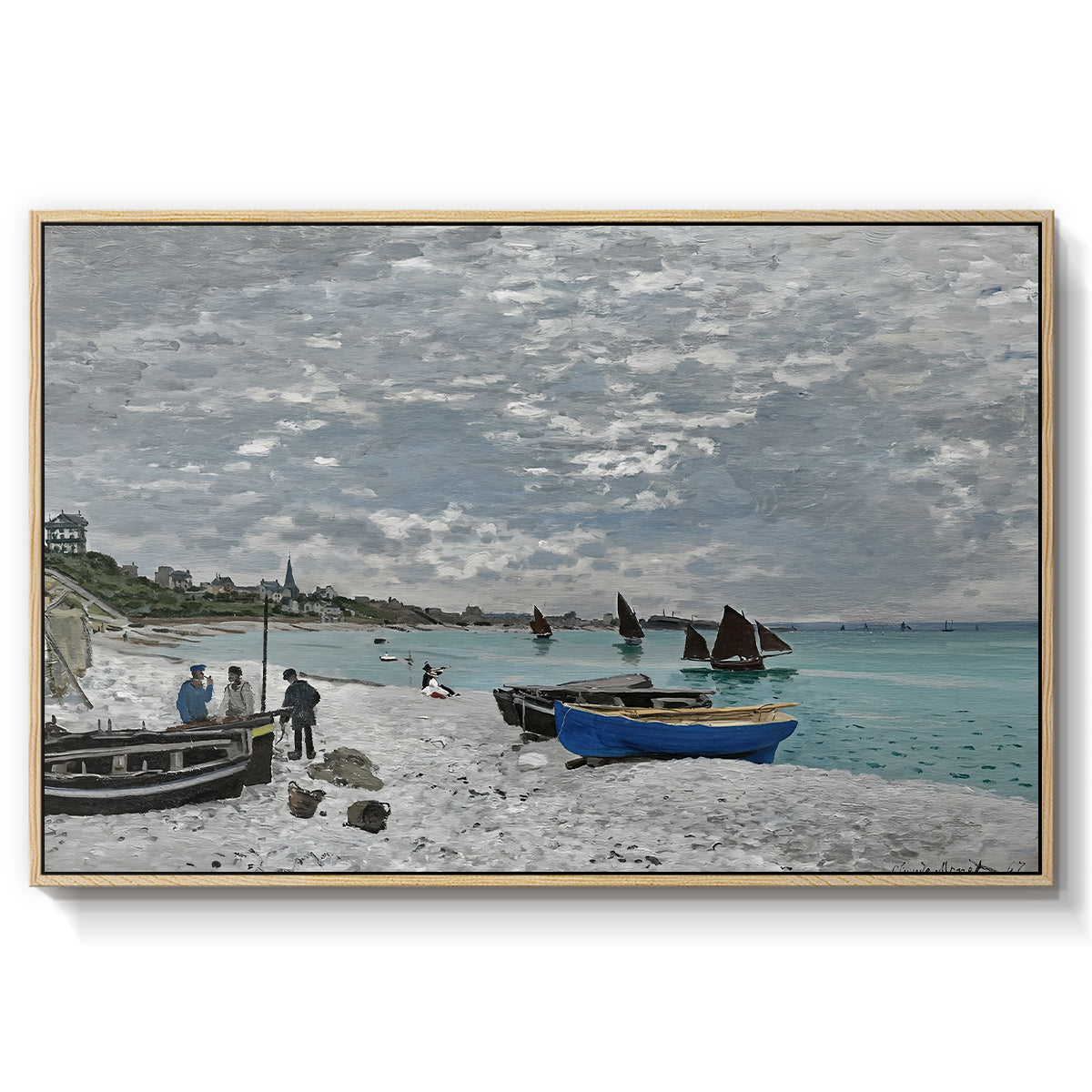 The Beach at Sainte-Adresse, 1867 by Claude Monet in a natural wood floater framed canvas wall art display.