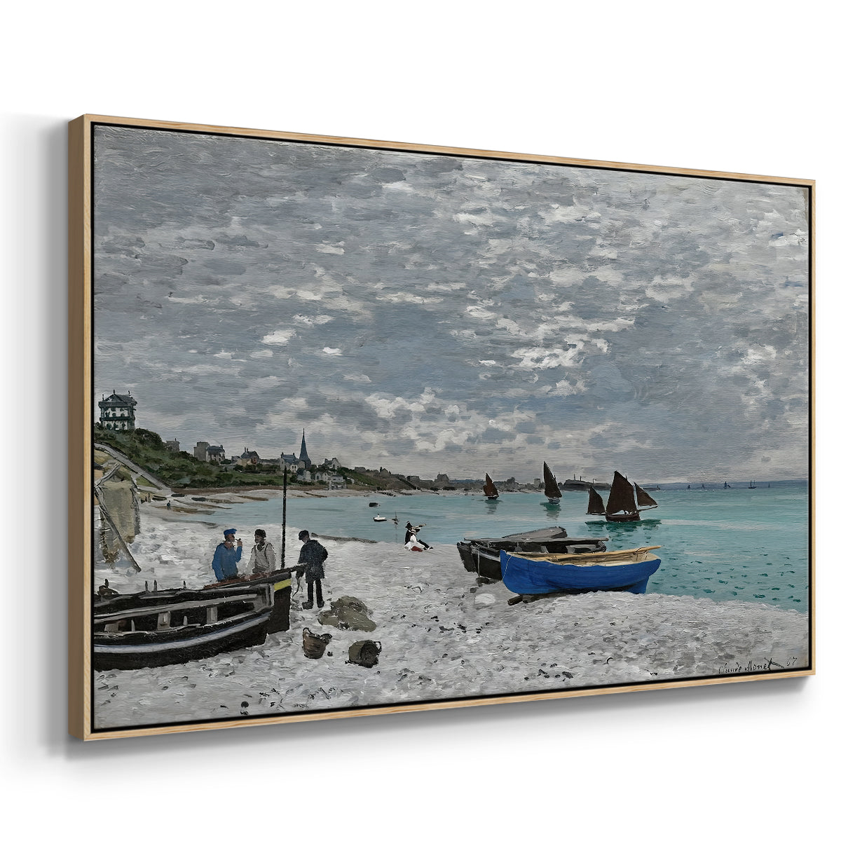Angled view of The Beach at Sainte-Adresse, 1867 by Claude Monet in a natural wood floater framed canvas.