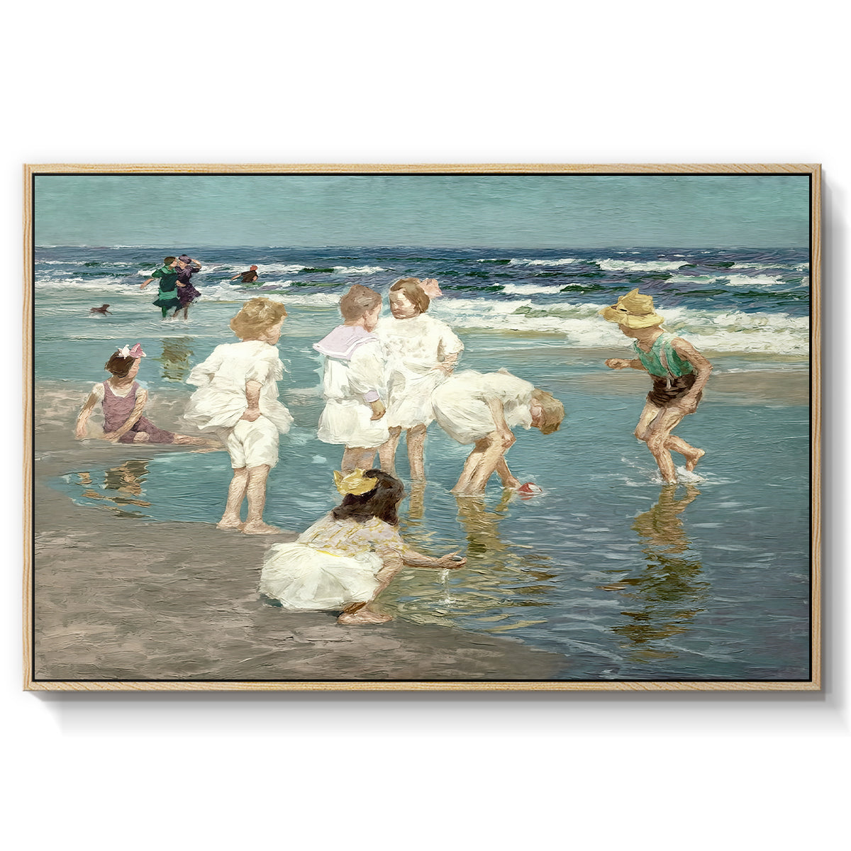 A Holiday, c. 1915 by Edward Henry Potthast in a natural wood floater framed canvas wall art display.