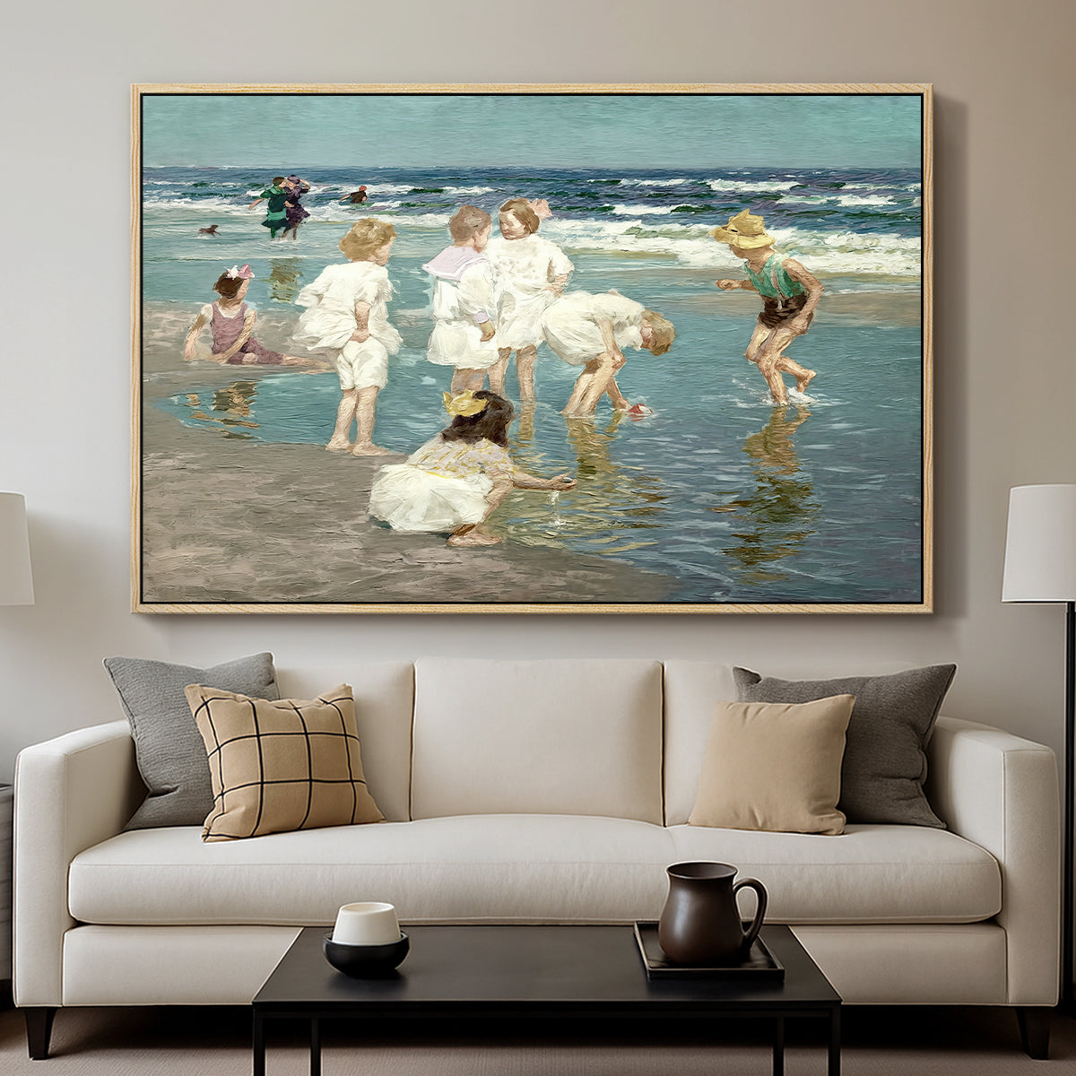 A Holiday, c. 1915 by Edward Henry Potthast displayed in a natural wood floater framed canvas above a sofa in a clean living room.