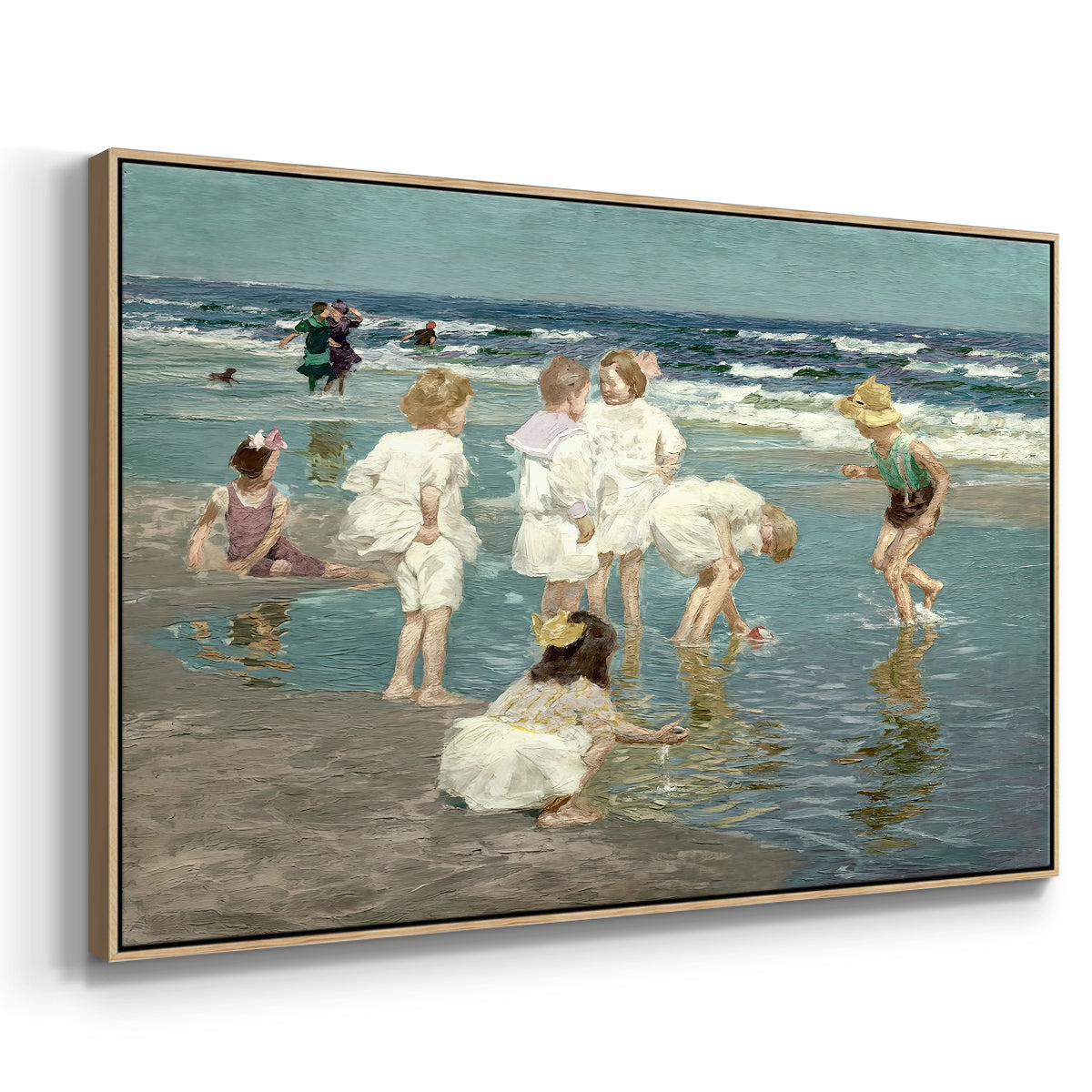 Angled view of A Holiday, c. 1915 by Edward Henry Potthast in a natural wood floater framed canvas.