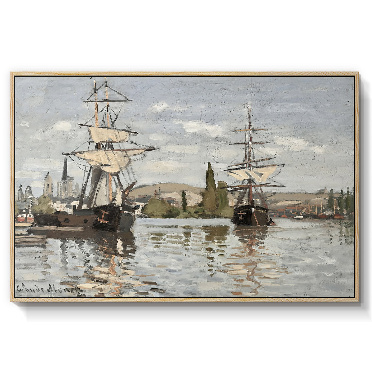 Ships Riding on the Seine at Rouen, 1872 by Claude Monet in a natural wood floater framed canvas wall art display.