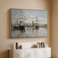 Natural wood floater framed canvas of Ships Riding on the Seine at Rouen, 1872 by Claude Monet, featuring an impressionist river scene with anchored sailing ships and reflections above a console cabinet in a minimalist entryway.