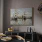 Ships Riding on the Seine at Rouen, 1872 by Claude Monet in a natural wood floater framed canvas featuring a harbor view with tall ships lining the waterfront in muted tones, displayed above a desk in a dark home office interior.
