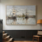 Natural wood floater framed canvas featuring a nautical landscape with vessels resting on calm water, displayed in a hallway near a staircase.