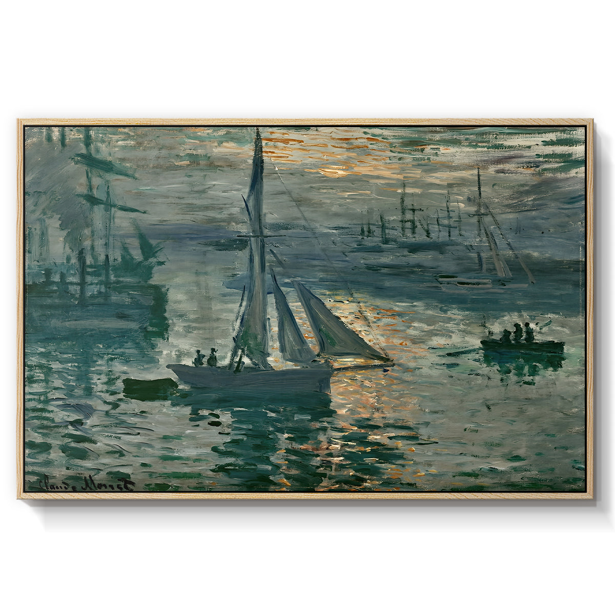 Sunrise (Marine), 1873 by Claude Monet in a natural wood floater framed canvas wall art display.