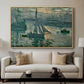 Sunrise (Marine), 1873 by Claude Monet displayed in a natural wood floater framed canvas above a sofa in a clean living room.