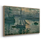 Angled view of Sunrise (Marine), 1873 by Claude Monet in a natural wood floater framed canvas.