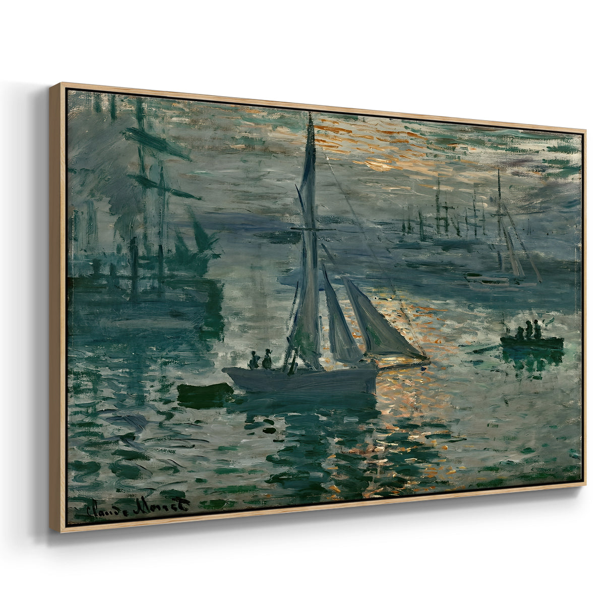 Angled view of Sunrise (Marine), 1873 by Claude Monet in a natural wood floater framed canvas.