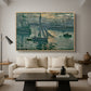 Sunrise (Marine), 1873 by Claude Monet as a natural wood floater framed canvas featuring a hazy sunrise over harbor with boats silhouetted in soft morning light, displayed above a sofa in a modern living room.