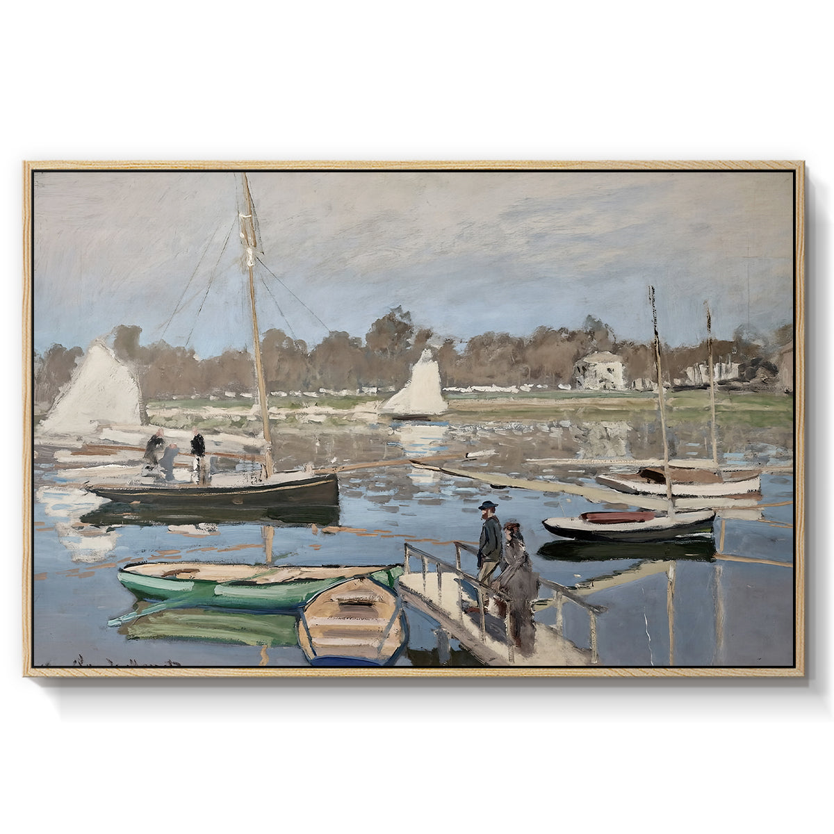 The Basin at Argenteuil, 1874 by Claude Monet in a natural wood floater framed canvas wall art display.