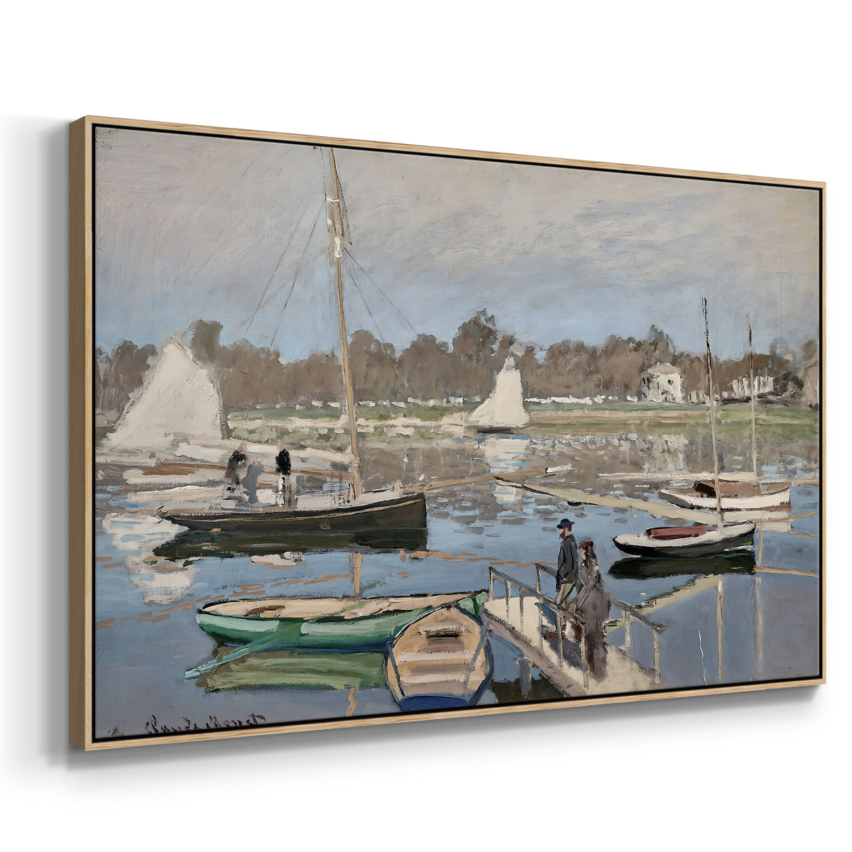 Angled view of The Basin at Argenteuil, 1874 by Claude Monet in a natural wood floater framed canvas.