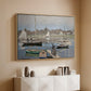 Natural wood floater framed canvas of The Basin at Argenteuil, 1874 by Claude Monet, featuring an impressionist boating scene with clustered masts and gentle ripples above a console cabinet in a minimalist entryway.
