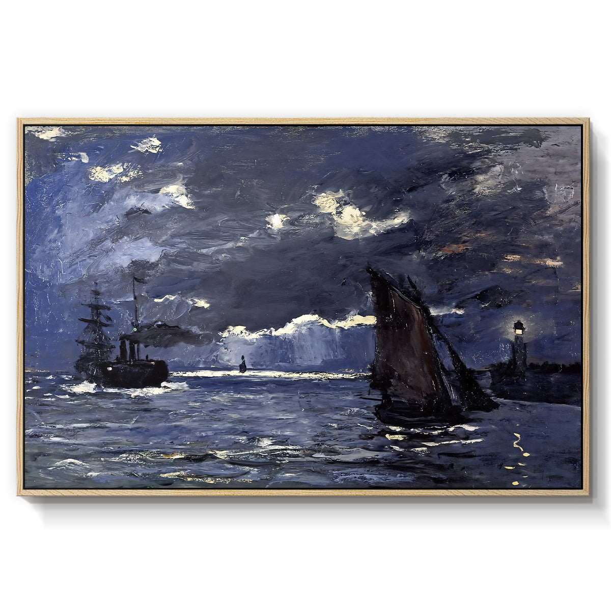 A Seascape, Shipping by Moonlight, 1864 by Claude Monet in a natural wood floater framed canvas wall art display.