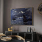 A Seascape, Shipping by Moonlight, 1864 by Claude Monet in a natural wood floater framed canvas featuring a dramatic ocean scene with light reflecting across water at night, displayed above a desk in a dark home office interior.