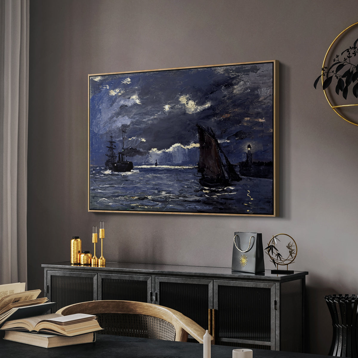 A Seascape, Shipping by Moonlight, 1864 by Claude Monet in a natural wood floater framed canvas featuring a dramatic ocean scene with light reflecting across water at night, displayed above a desk in a dark home office interior.