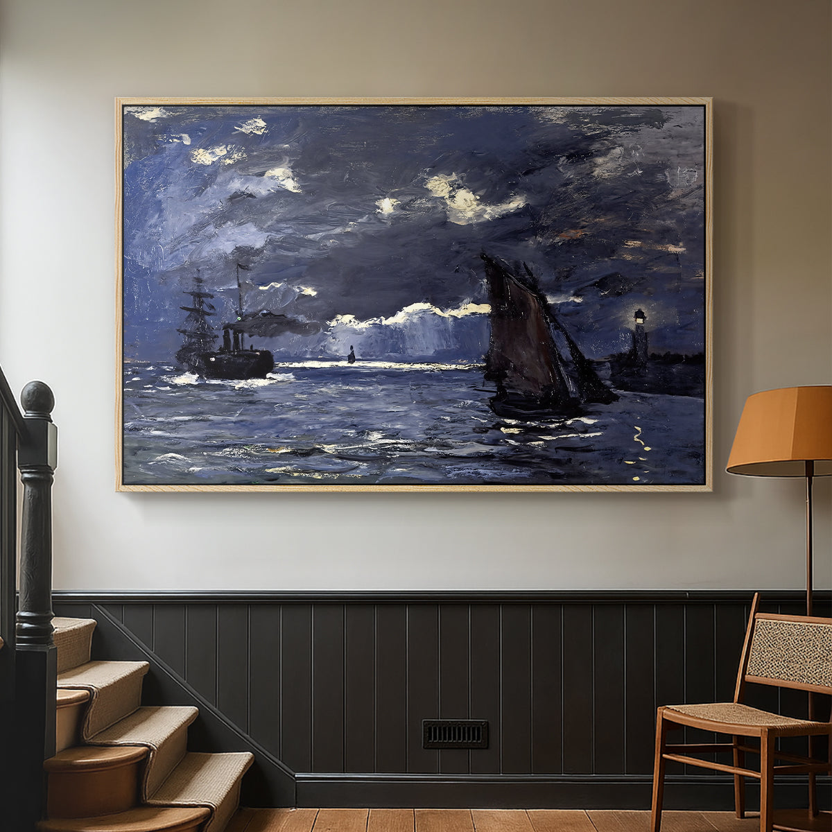 Natural wood floater framed canvas featuring an atmospheric maritime view with ships in moonlit darkness, displayed in a hallway near a staircase.