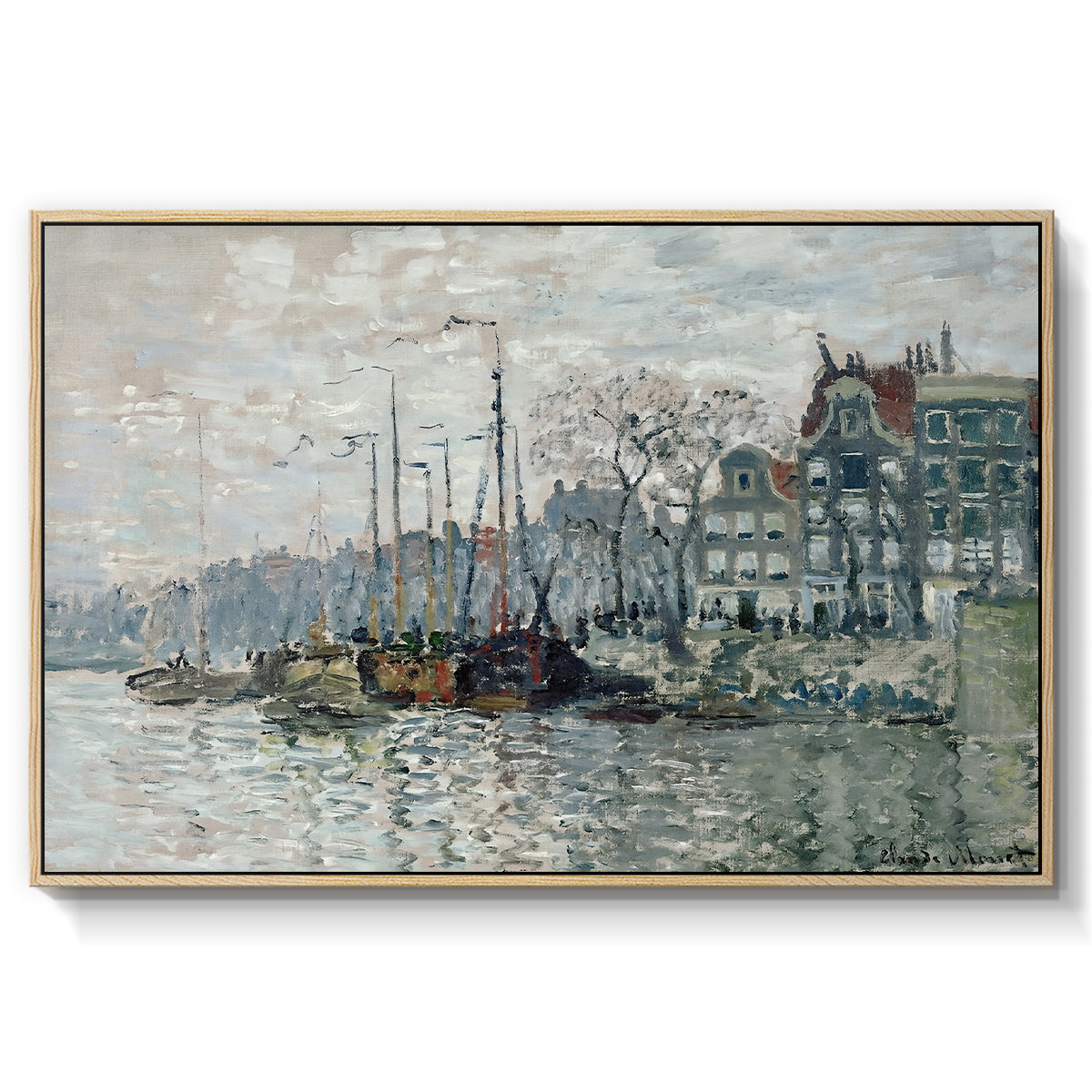 View of the Prins Hendrikkade and Kromme Waal in Amsterdam, 1874 by Claude Monet in a natural wood floater framed canvas wall art display.