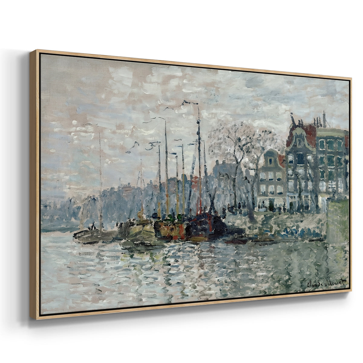 Angled view of View of the Prins Hendrikkade and Kromme Waal in Amsterdam, 1874 by Claude Monet in a natural wood floater framed canvas.