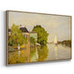 Angled view of Houses on the Achterzaan, 1871 by Claude Monet in a natural wood floater framed canvas.