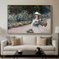 Young Girl in the Garden at Giverny, 1888 by Claude Monet displayed in a natural wood floater framed canvas above a sofa in a clean living room.