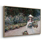 Angled view of Young Girl in the Garden at Giverny, 1888 by Claude Monet in a natural wood floater framed canvas.