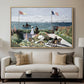 Garden at Sainte-Adresse, 1867 by Claude Monet displayed in a natural wood floater framed canvas above a sofa in a clean living room.