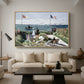 Garden at Sainte-Adresse, 1867 by Claude Monet as a natural wood floater framed canvas featuring a seaside garden with flowers, flags, and figures overlooking the water, displayed above a sofa in a modern living room.