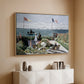 Natural wood floater framed canvas of Garden at Sainte-Adresse, 1867 by Claude Monet, featuring an impressionist coastal garden with people and ocean view above a console cabinet in a minimalist entryway.