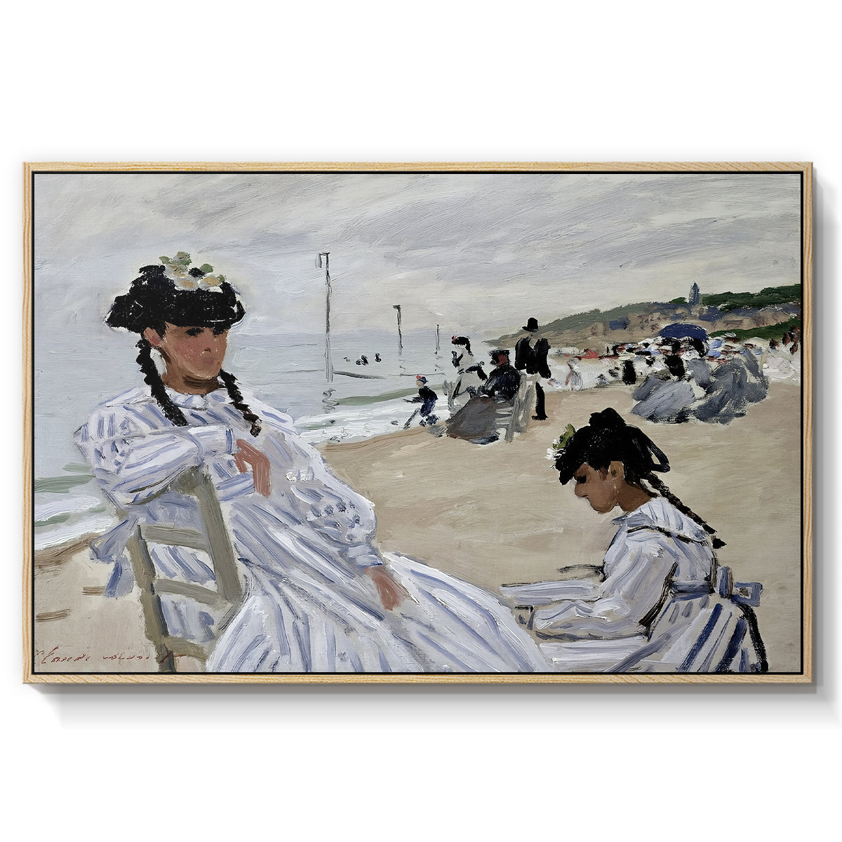 On the Beach at Trouville, 1870 by Claude Monet in a natural wood floater framed canvas wall art display.
