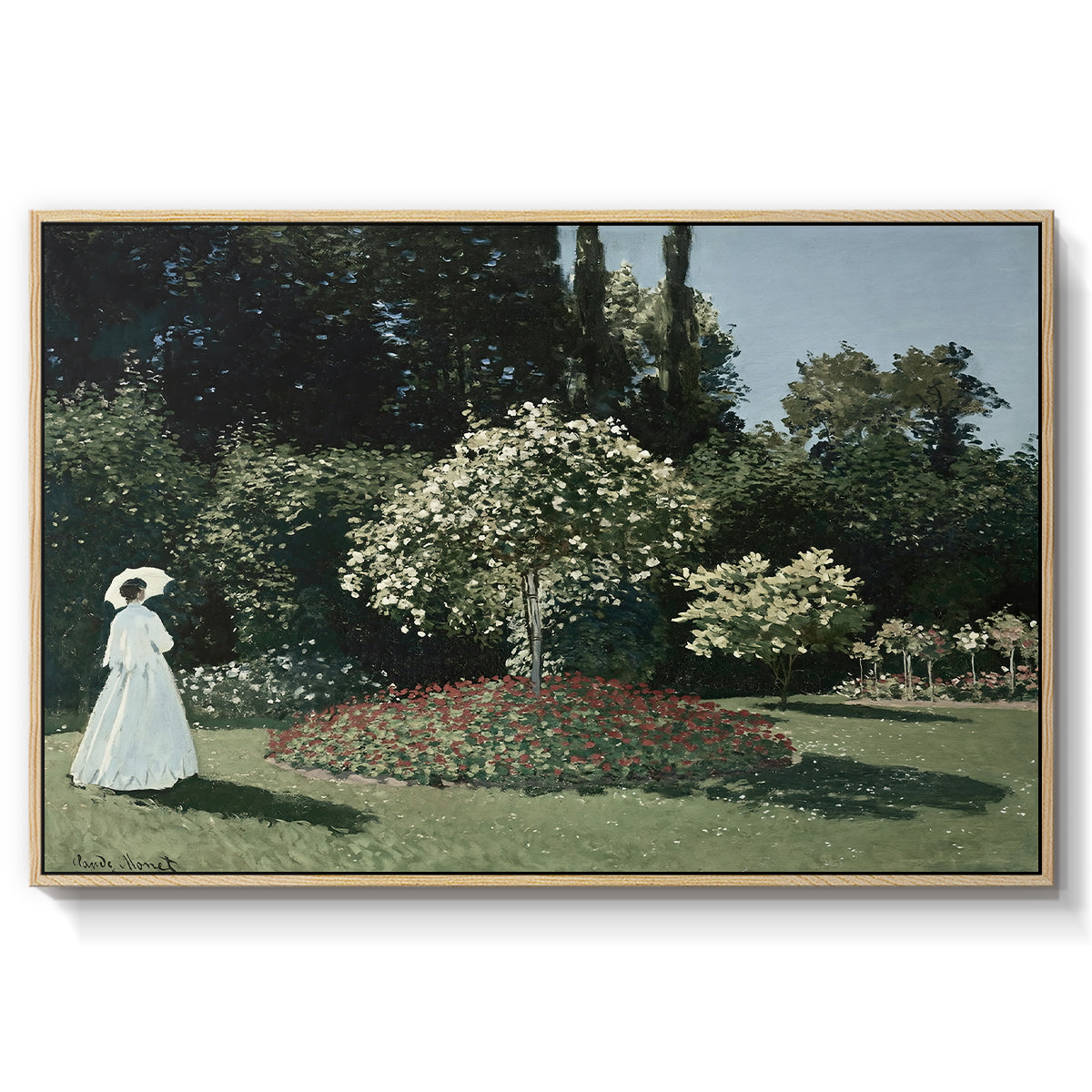 Woman in the Garden, Sainte-Adresse, 1867 by Claude Monet in a natural wood floater framed canvas wall art display.