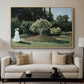 Woman in the Garden, Sainte-Adresse, 1867 by Claude Monet displayed in a natural wood floater framed canvas above a sofa in a clean living room.