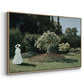 Angled view of Woman in the Garden, Sainte-Adresse, 1867 by Claude Monet in a natural wood floater framed canvas.